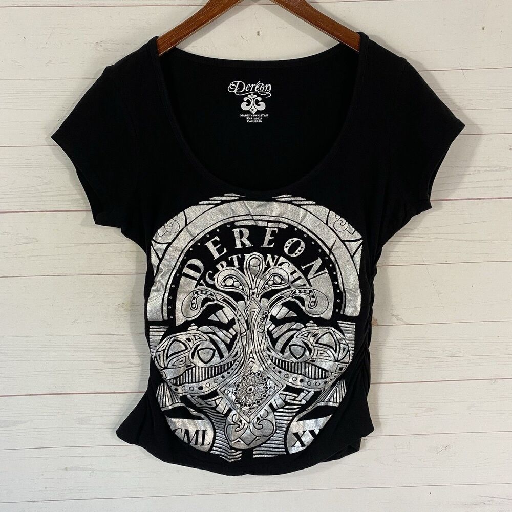 Dereon Womens Ruched Side Front Graphic T-Shirt XL Black Scoop Neck Short Sleeve